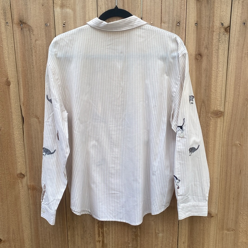 VINTAGE 90s Cat Embroidered Pinstripe Blouse Size Large Cat Lady Teacher Grandma - Picture 3 of 8